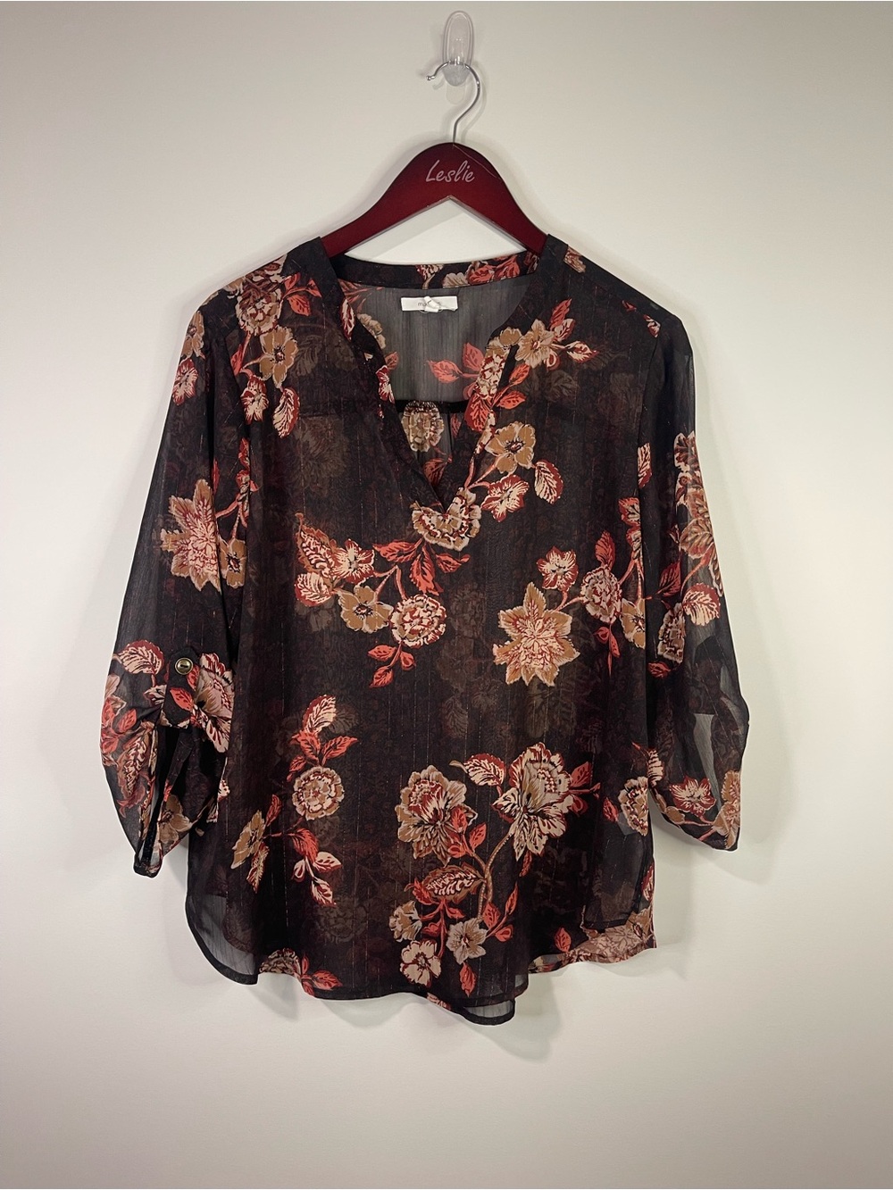 Maurices Black Sheer Floral V-Neck Blouse with Rust and Cream Flowers